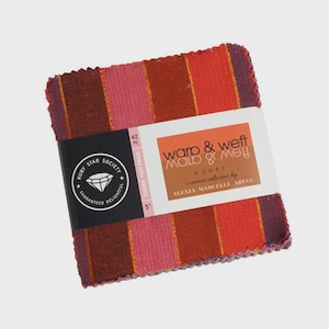 May include: A fabric bundle with a striped pattern in shades of red, pink, and orange. The bundle is wrapped with a label that reads "warp & weft" and "HONEY". A black label with the text "RUBY STAR SOCIETY" is also visible.
