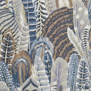 May include: A seamless pattern featuring a variety of feathers in shades of blue, brown, and white. The feathers are arranged in a random pattern, creating a dynamic and textured design.