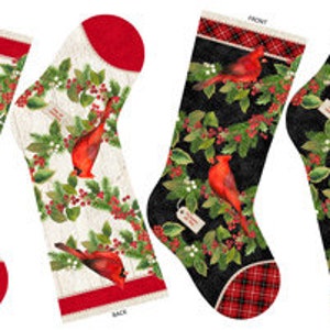 May include: Four Christmas stockings with cardinal bird designs. Two stockings have a cream background with red trim, while the other two have a black background with red plaid trim. Each stocking features a red cardinal perched on a holly branch.