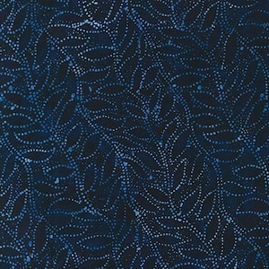May include: A dark blue fabric with a repeating pattern of small white dots arranged in the shape of leaves.