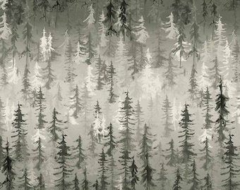 Bosque de pinos en gris de la colección Majestic Mountain de Whistler Studios para Windham Fabrics - Tela 100 % algodón