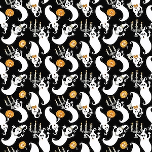 Tossed Ghosts in Black/Glow White from Witch's Night Out Glow in the Dark Collection for Henry Glass Fabrics - 100% Cotton Fabric