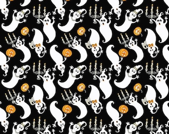 Tossed Ghosts in Schwarz/Glow Weiss aus der Witch's Night Out Glow in the Dark Kollektion für Henry Glass Fabrics