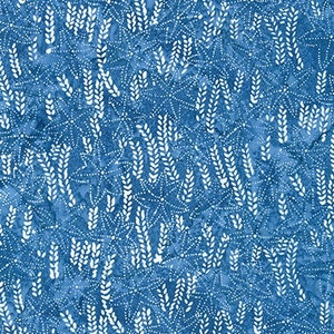 May include: A blue fabric with a white pattern of small leaves and dots. The pattern is repeated throughout the fabric.