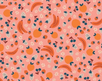 May include: A pink fabric with a repeating pattern of oranges, bananas, strawberries, cherries, and small white flowers.