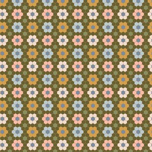 Può includere: Un motivo geometrico ripetitivo con uno sfondo verde oliva scuro e una griglia di esagoni intrecciati. Il design presenta gruppi floreali alternati di sei esagoni nelle tonalità del rosa chiaro, azzurro tenue e giallo senape.