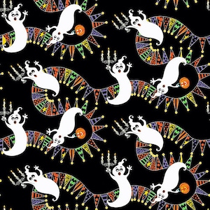 Tossed Ghosts and Pennants in Black Multi from Witch's Night Out Glow in the Dark Collection for Henry Glass Fabrics - 100% Cotton Fabric