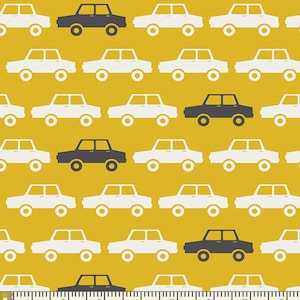 以下が含まれることがあります： 黄色い背景に白と黒の車が交互に並んだシームレスなパターン。車は行と列に配置され、黒い車はパターン全体にランダムに配置されています。