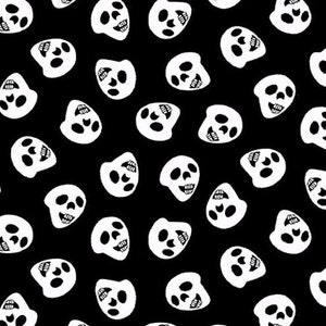 Halloween Fabric - Tossed Skulls in Black Multi from BOO! Glow in the Dark Collection for Henry Glass Fabrics - 100% Cotton Fabric