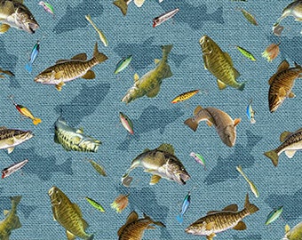 Digital Fishing Fabric- Tossed Fish in Blue from Hooked Collection for Northcott- 100% Quilt Shop High Quality Cotton- You Choose the Cut