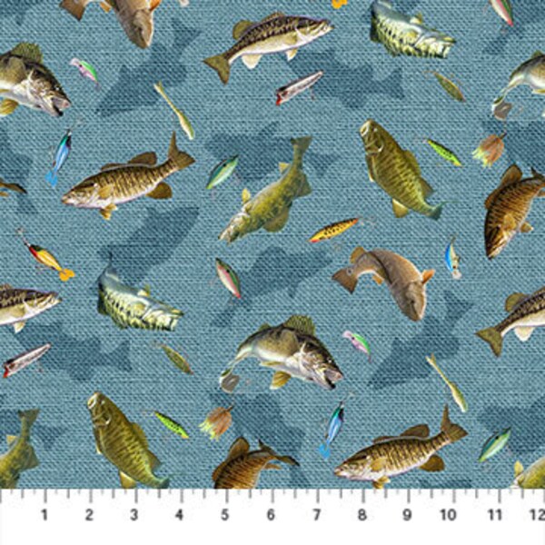 Digital Fishing Fabric- Tossed Fish in Blue from Hooked Collection for Northcott- 100% Quilt Shop High Quality Cotton- You Choose the Cut