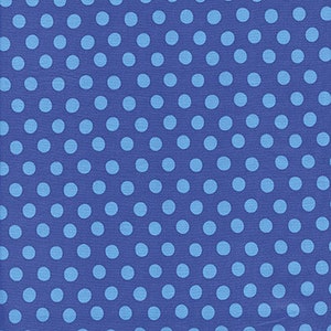 May include: A blue fabric with a repeating pattern of light blue polka dots.
