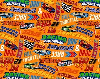 Racing Words Orange aus der Turko Speed Kollektion von Northcott