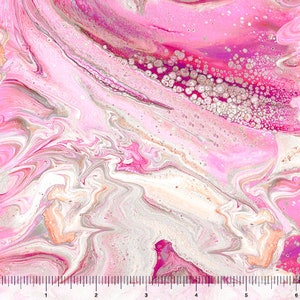 May include: Abstract fabric with a fluid, marbled design in shades of pink, white, and gray. The pattern features swirling lines and a textured appearance, with a ruler along the bottom edge. The fabric's design is reminiscent of flowing paint or ink.