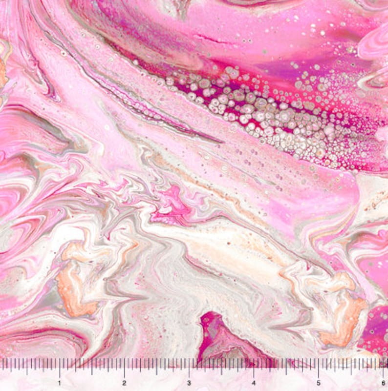 May include: Abstract fabric with a fluid, marbled design in shades of pink, white, and gray. The pattern features swirling lines and a textured appearance, with a ruler along the bottom edge. The fabric's design is reminiscent of flowing paint or ink.