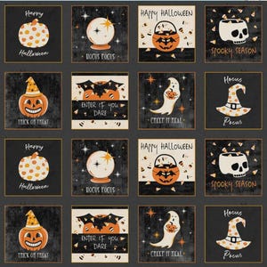 May include: A collection of Halloween-themed square designs with various illustrations and text. Images include an owl, pumpkin, crystal ball, cauldron, skull, bat, ghost, witch hat, and black cat. Text includes "Happy Halloween", "Stay Spooky", and "Trick or Treat".