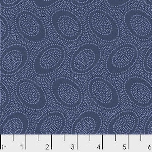 May include: A blue fabric with a repeating pattern of white dots arranged in circles and ovals.