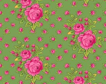 Rosie en verde de Kaffe Fassett Collective, colección de febrero de 2026 de FreeSpirit Fabrics.