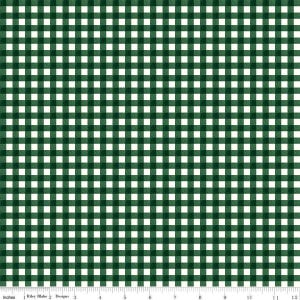 May include: Green and white checkered fabric. The pattern is a classic gingham design, with evenly spaced squares. The fabric is marked with inches along the bottom edge. The text "Riley Blake Designs" is also visible.