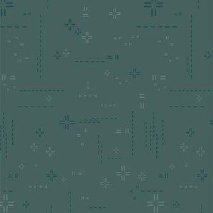 Könnte beinhalten: Nahtloses Muster in Teal- und Grautönen. Das Design zeigt eine sich wiederholende Anordnung von kreuzartigen Formen, kurzen Strichen und parallelen Linien, die eine strukturierte, geometrische Ästhetik erzeugt. Geeignet für Stoff oder Tapeten.