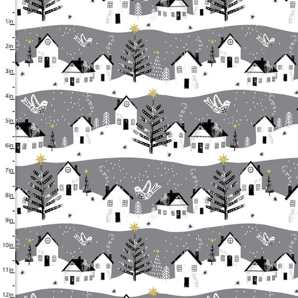 Village in the Snow from Peace on Earth GOLD GLITTER METALLIC Collection by 3 Wishes- 100% High Quality Cotton- You Choose the Cut