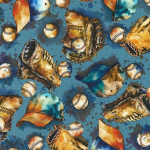 Hats and Mitts on Blue from Robert Kaufman Fabric's Game Day Collection- You Choose the Cut