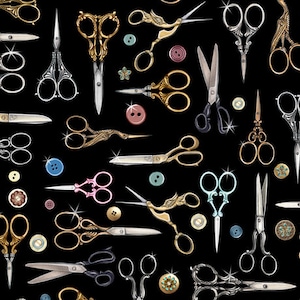 Scissors in Black from the Just Sew Collection by ©Dan Morris for QT Fabrics - 100% Cotton