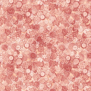 May include: A seamless pattern of various pink buttons, hearts, stars, and other shapes. The background is a light pink color.