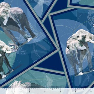 May include: Abstract pattern featuring a repeating design of stylised elephants in shades of grey and white against a blue background with yellow and white lines.