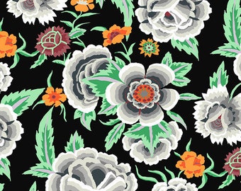 May include: Black fabric with a repeating pattern of white, gray, and orange flowers. The flowers are stylized and have a layered look. The background is black.
