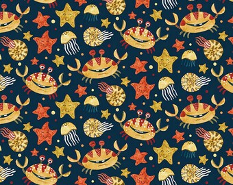 Seafood in Navy from the Crabbies Collection by Nelli Khatmoullina for Paintbrush Studio Fabric- 100% Cotton