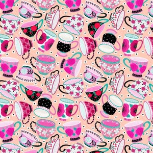 Peut inclure: Un motif sans couture représentant une variété de tasses à thé colorées avec des motifs floraux et géométriques sur un fond pêche clair.