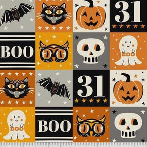 May include: A Halloween-themed fabric with a repeating pattern of bats, black cats, pumpkins, owls, ghosts, skulls, the word "BOO", and the number "31". The color palette includes orange, black, white, and gray. The design is a grid of squares.