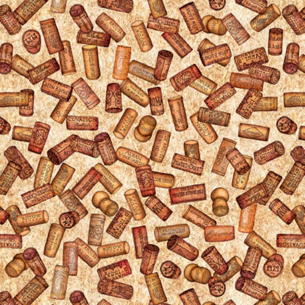Tossed Wine Corks in Beige from A Little Wine Collection from QT Fabrics - 100% Cotton Fabric