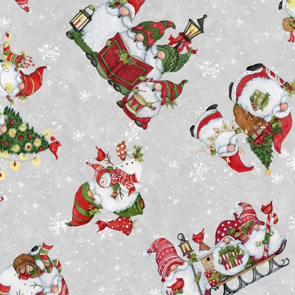 Caroling Gnomes on Grey de la collection Baby, It's Gnomes Outside de Wilmington Prints - 100 % coton