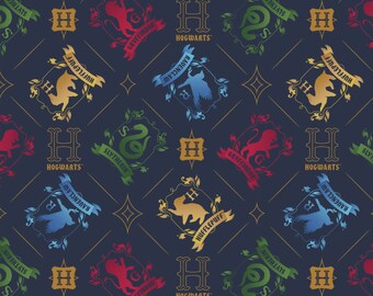 Digital Minky - Harry Potter Illustrated Houses in Ink Blue from EZ Fabrics - You Choose the Cut - 100% Polyester