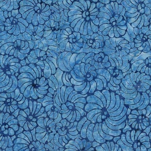 May include: A seamless pattern of blue and white stylised seashells. The pattern is reminiscent of a traditional batik design.