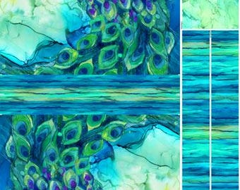Peacock Reflection Panel 43" x 24" in Turquoise Multi by Northcott - 100% Cotton Fabric