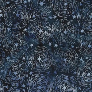 May include: Dark blue fabric with a repeating pattern of swirling white lines and stars. The design features concentric circles with a star in the centre of each, interspersed with smaller stars, creating a celestial theme.