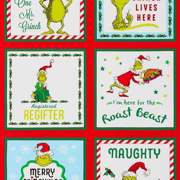 Grinch Blocks PANEL 24"x44" de Robert Kaufman's How the Grinch Stole Christmas Collection 100% Cotton Fabric