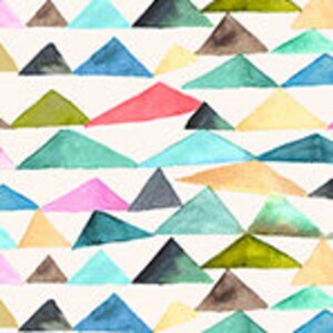 May include: Abstract watercolor pattern with a repeating design of colorful triangles in shades of blue, green, pink, yellow, and brown.