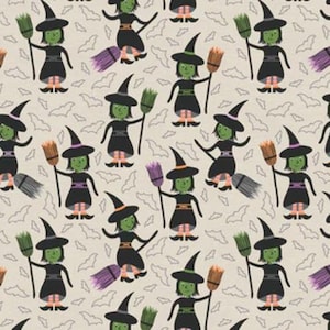 May include: A seamless pattern featuring green witches flying on broomsticks with colorful bristles. The witches are wearing black pointed hats and dresses. The background is a light beige with a repeating pattern of bats.