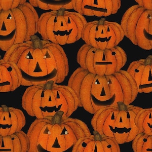 May include: A repeating pattern of orange jack-o'-lanterns with carved faces on a black background. Each pumpkin has a unique expression, with triangular eyes and various mouth shapes. The pumpkins are lit, creating a festive Halloween theme.