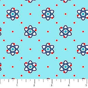 May include: A seamless fabric pattern featuring a repeating design of blue and white atom symbols on a light blue background with red dots.