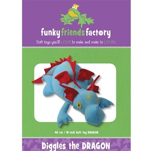 May include: A sewing pattern for a blue and red dragon soft toy. The pattern is called "Diggles the DRAGON" and is 18 inches tall.