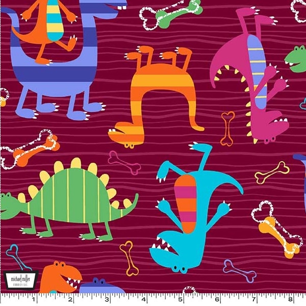 Dino Dudes Dinosaurs in Burgundy by Michael Miller Fabric- 100% Quilt Shop Quality Cotton