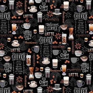 Motivos de café embalados e texto de menu da coleção Rise and Grind para tecido Timeless Treasures