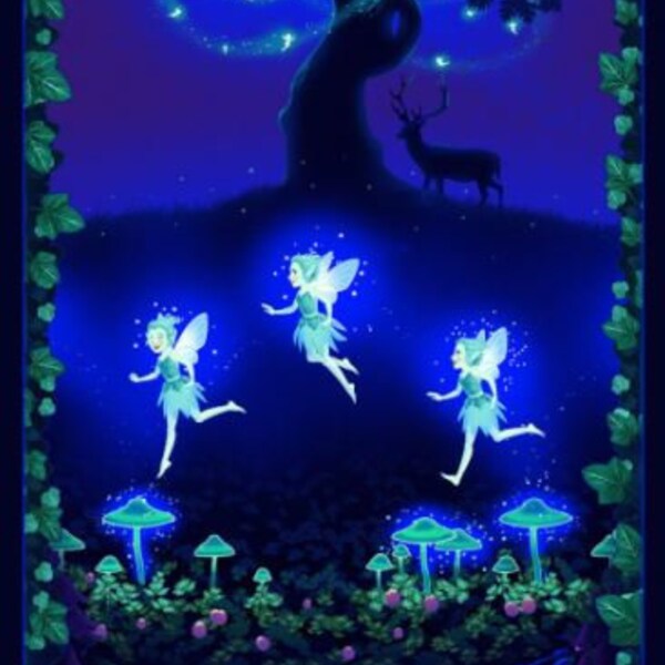 GLOW in the DARK Fairy Fabric PANEL di Summer Soiree Collection di Henry Glass - Circa 24"x44" - Questo è un prodotto incompiuto