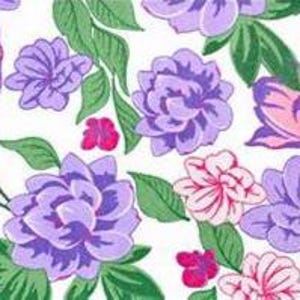 May include: A white background with a repeating pattern of pink, purple, and white flowers with green leaves.