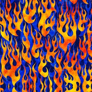 May include: A seamless pattern of orange and yellow flames on a blue background. The flames are stylized and have a watercolor effect.